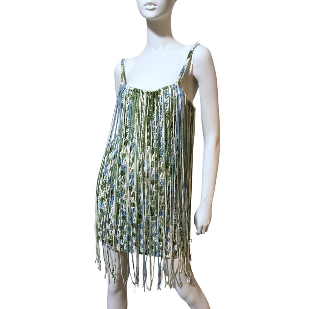 Vintage Handmade Crochet Dress M Fringe Festival Rave Maximalist Hippie Bodycon